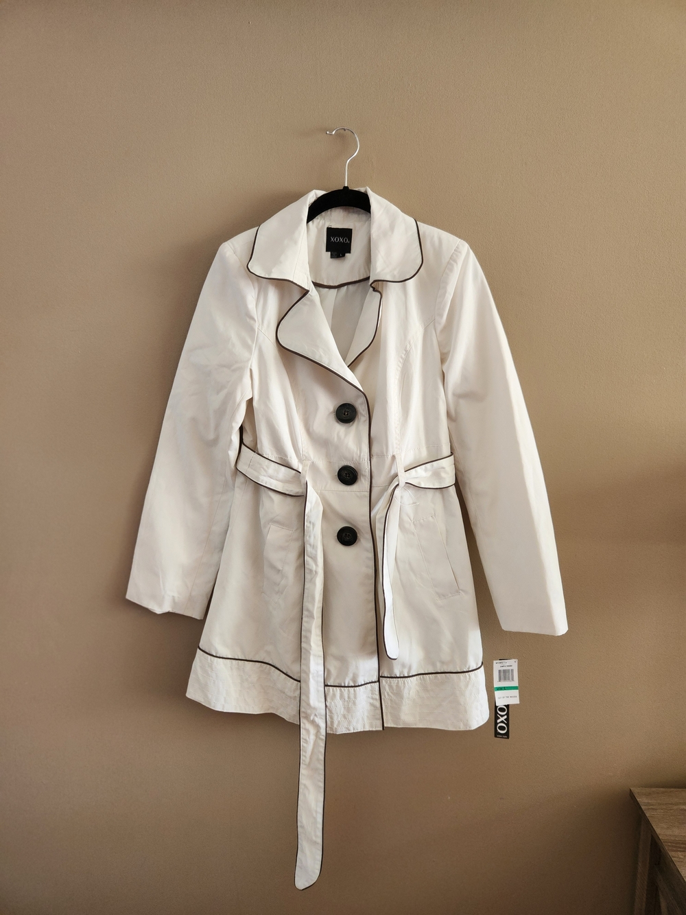 NWT XOXO White Trench Coat with Black Piping